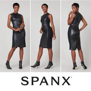 SPANX Women's Black Leather Like Sleeveless Mixed Media Sheath Dress NWT Size XL